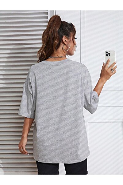 DUBU BUTİK Floral Pattern T-shirt - Gray Printed Oversize Crew Neck Short Sleeve T-Shirt