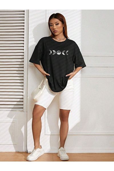 DUBU BUTİK Moon Phase T-Shirt - Black Printed Oversize Crew Neck Short Sleeve