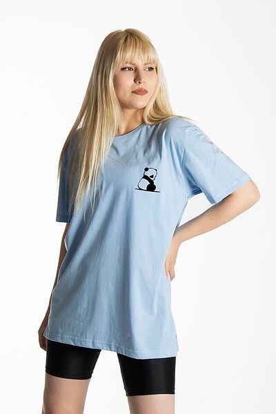 DUBU BUTİK Panda T-shirt - Light Blue Printed Oversize Crew Neck Short Sleeve T-Shirt