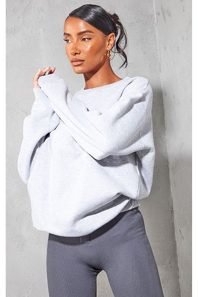 DUBU BUTİK Γκρι Oversize Crew Neck Απλό Φούτερ - Μακρυμάνικο