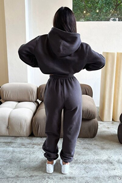 DUBU BUTİK Usa Eşofman Takımı Sweatshirt Jogger - Füme Baskılı Oversize Şardonlu Kapüşonlu