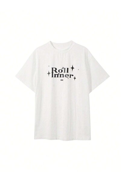 DUBU BUTİK Roll Inner T-Shirt - Λευκό Oversize Printed Crew Neck