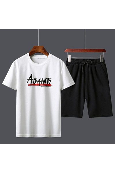 DUBU BUTİK Againts T-shirt Shorts - White Black Bottom Top Team Shorts T-shirt Combination Printed Crew Neck