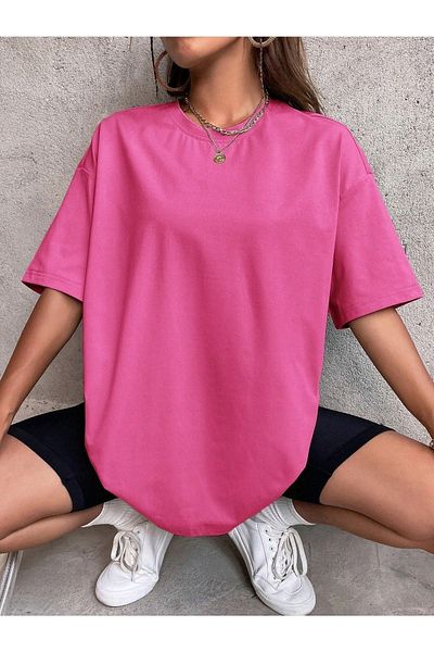 DUBU BUTİK Απλό μπλουζάκι Basic - κοντομάνικο ροζ Oversize Crew Neck