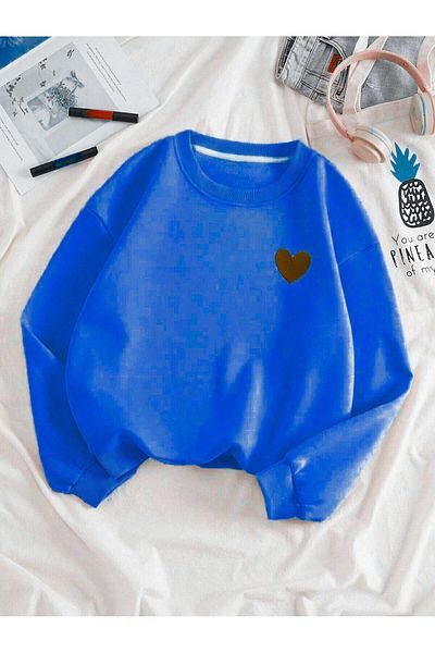 DUBU BUTİK Červená mikina s minimálním potiskem srdce - Saks Blue Thick Winter Crew Neck
