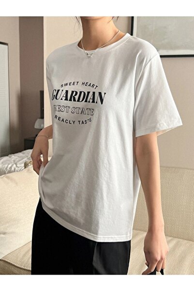 DUBU BUTİK Μπλουζάκι Guardian - Λευκό εμπριμέ κοντό μανίκι με λαιμόκοψη