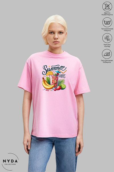 Nyda Collections Unisex Crew Neck Summer Vibes εμπριμέ βαμβακερό μπλουζάκι με κοντό μανίκι