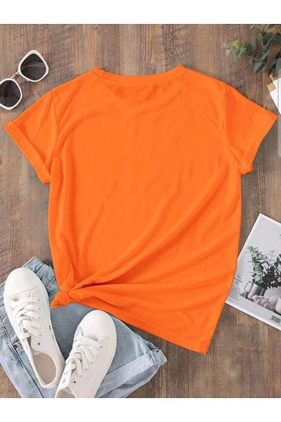 DUBU BUTİK Orange Oversize Maternity T-Shirt - Baby Zipper Printed, Crew Neck