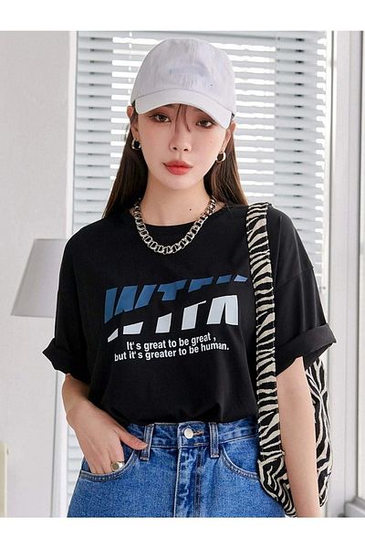 DUBU BUTİK Wtfk T-Shirt - Black Printed Oversize Crew Neck Short Sleeve