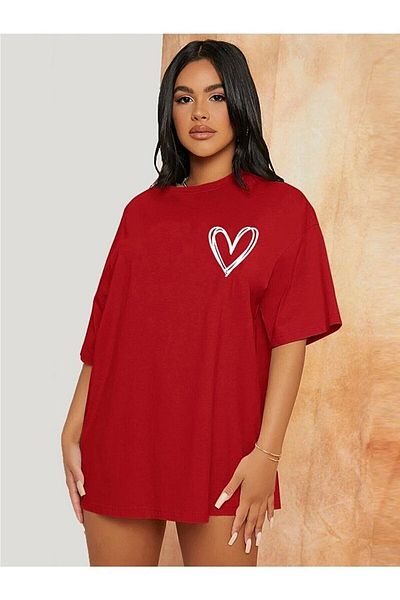 DUBU BUTİK T-shirt Minimal Heart - Κόκκινο εμπριμέ κοντομάνικο μπλουζάκι με λαιμόκοψη