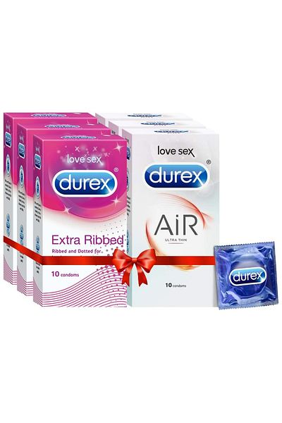 Durex Air Condoms for Men - 10 Count (Pack of 3) | Suitable for use with lubes & toys & Extra Ribbed