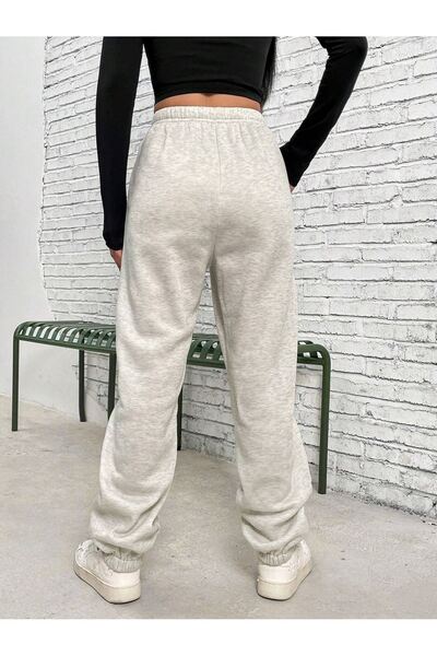 DUBU BUTİK West Coast Eşofman Altı Jogger - Gri Baskılı Lastik Paça Yüksek Bel