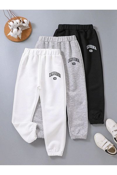 DUBU BUTİK 3 Pack California Sweatpants Jogger - Λευκό Γκρι Μαύρο Λαστιχένιο πόδι ψηλόμεσο