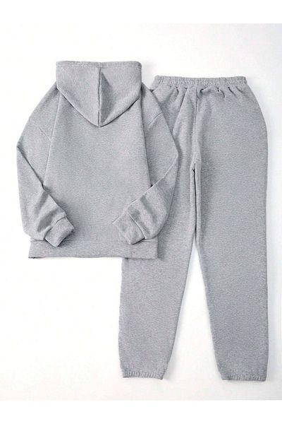 DUBU BUTİK Καλιφόρνια Letter Φούτερ Φούτερ Jogger - Γκρι εμπριμέ Oversize Raised Hooded