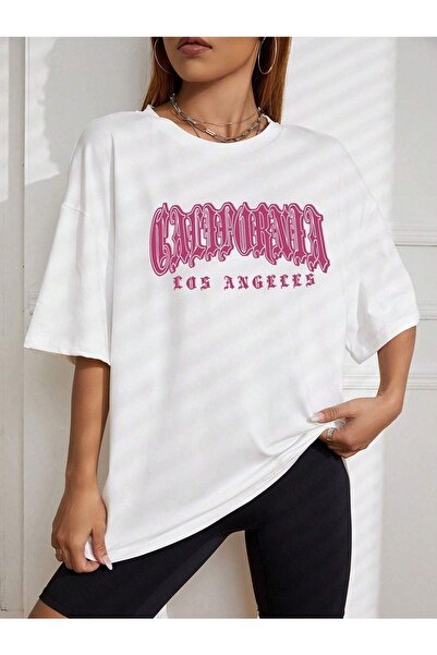 DUBU BUTİK Tricou California Letter - Tricou cu mânecă scurtă oversize, cu decolteu, cu imprimeu alb