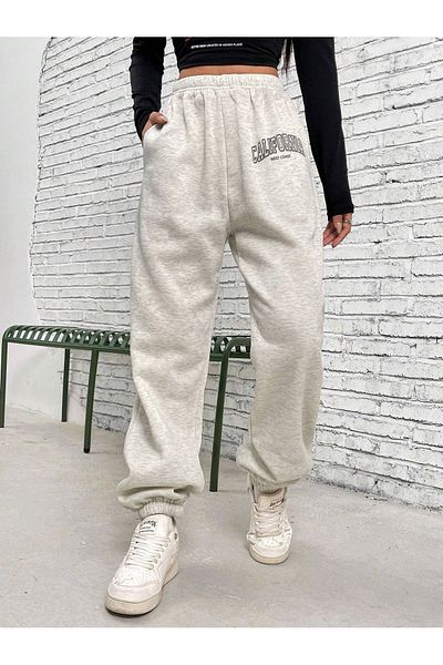 DUBU BUTİK بنطال رياضي من West Coast - ساق مطاطية مطبوعة باللون الرمادي بخصر عالٍ