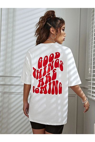 DUBU BUTİK Good Things T-shirt - White Printed Oversize Crew Neck Short Sleeve T-Shirt