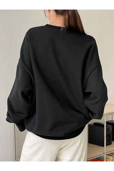 DUBU BUTİK Los Angeles 90 Sweatshirt - Black Printed Oversize Crew Neck