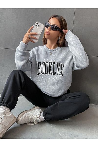 DUBU BUTİK Σετ φόρμας Brooklyn 1898 Γκρι φούτερ Black Jogger - Printed Oversize Raster Crew Neck