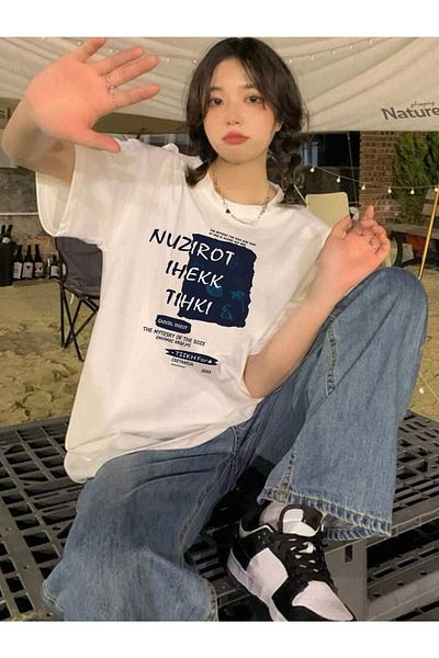 DUBU BUTİK White Printed Nuzirot Oversize T-Shirt - Crew Neck, Short Sleeve