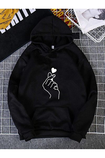 DUBU BUTİK Hand Heart Sweatshirt - Black Printed Oversize Hoodie