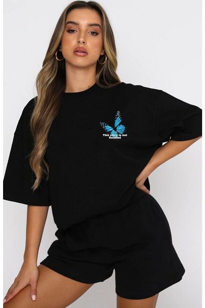 DUBU BUTİK Butterfly T-Shirt Shorts - Black Bottom Top Combination Shorts T-Shirt Set Printed Oversize Crew Neck