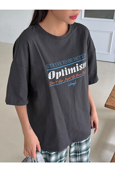 DUBU BUTİK Smoked Oversize Optimism T-shirt - Oversize Printed