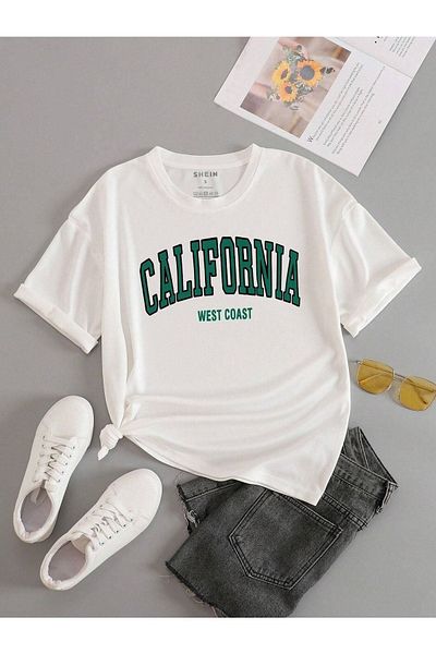 DUBU BUTİK California WC T-Shirt - White Printed Oversize Crew Neck Short Sleeve