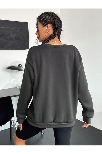DUBU BUTİK Hiking Club 1990 Sweatshirt - Smoke Printed Oversize Crew Neck