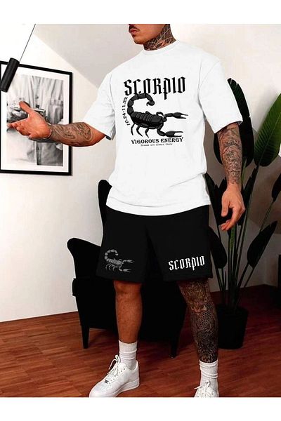 DUBU BUTİK Μαύρο σορτς Λευκό T-Shirt Σετ Scorpion Printed Oversize Unisex