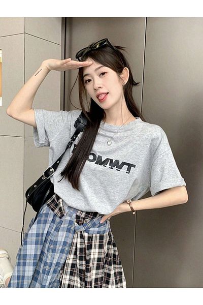 DUBU BUTİK Fromwt T-Shirt - Gray Printed Oversize Crew Neck Short Sleeve
