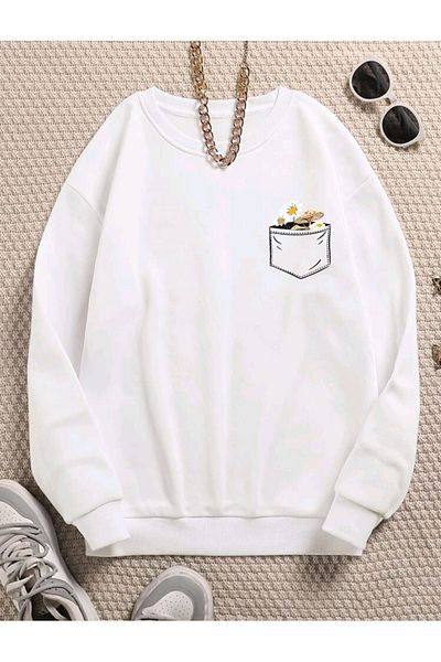 DUBU BUTİK Pocket Design Daisy Pattern Sweatshirt - White Printed Oversize Thick Winter Crew Neck