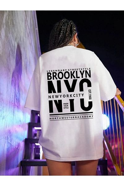 DUBU BUTİK Unisex White Cotton Oversize T-shirt Brooklyn Nyc Printed