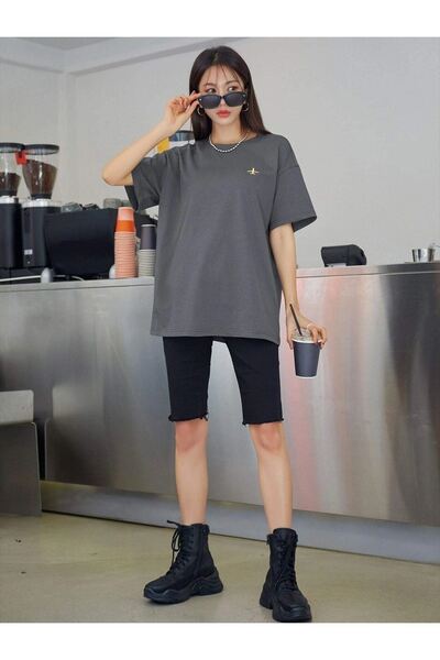 DUBU BUTİK Airplane Logo T-Shirt - Smoke Printed Oversize Crew Neck Short Sleeve