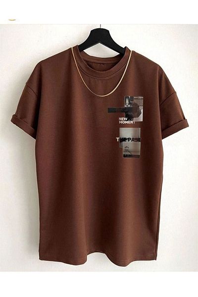 DUBU BUTİK T-Shirt New Moment - Καφέ εμπριμέ κοντό μανίκι με λαιμόκοψη
