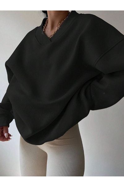 CLAYES Black Oversize V-Neck Women's Sweatshirt - Layered