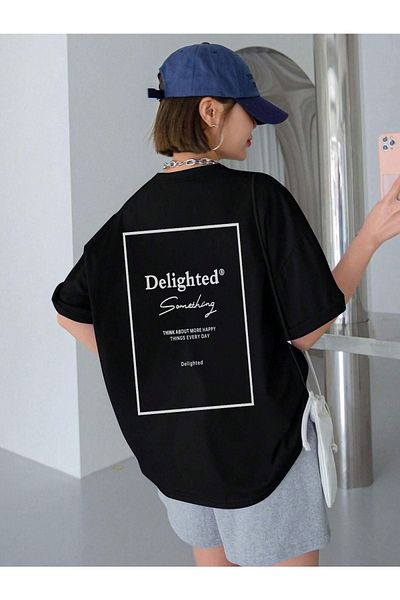 DUBU BUTİK Delighted T-shirt - Black Printed Oversize Crew Neck Short Sleeve T-Shirt
