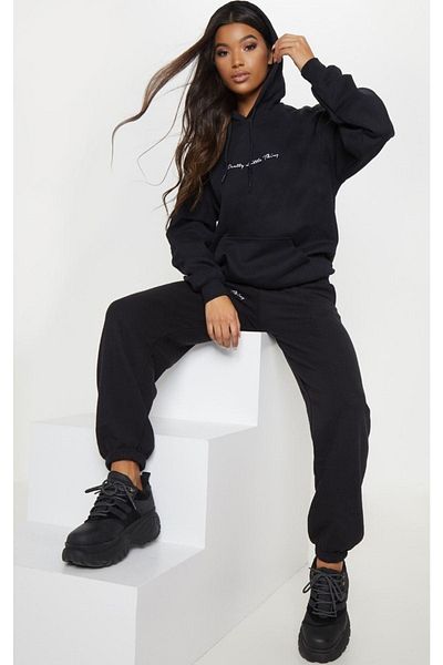 DUBU BUTİK طقم بدلة رياضية جميلة سويت شيرت Jogger - غطاء رأس مطبوع باللون الأسود، ساق مطاطية كبيرة الحجم