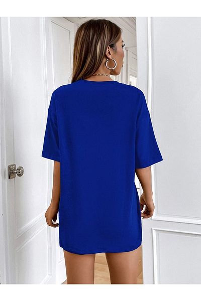 DUBU BUTİK Cool Mom T-shirt - Navy Blue Printed Oversize Crew Neck Short Sleeve T-Shirt