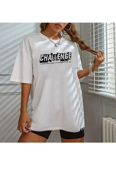 DUBU BUTİK Unisex White Cotton Relaxed Cut Oversize T-shirt Challenge Printed