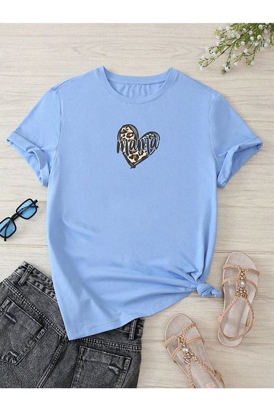 DUBU BUTİK Pregnant Baby T-shirt Mama Heart Printed - Baby Blue Crew Neck Oversize T-Shirt