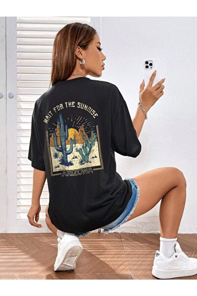 DUBU BUTİK Μπλουζάκι Arizona Sunrise - Μαύρο Oversize Printed Crew Neck