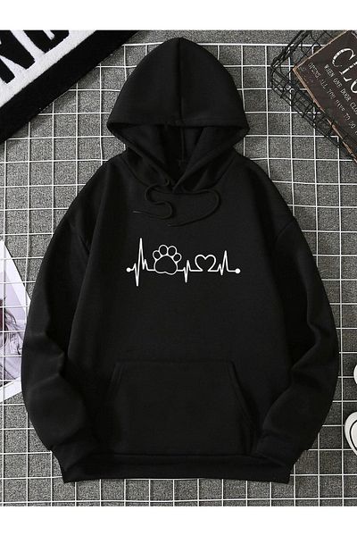 DUBU BUTİK Paw Heart Sweatshirt - Black Printed Oversize Hoodie