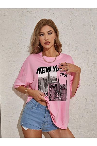 DUBU BUTİK New York 1931 T-shirt - Pink Oversize Printed Crew Neck