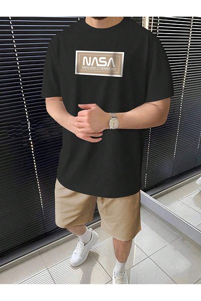 DUBU BUTİK Σετ μπλουζάκι και σορτς Nasa Summer Oversize - Μαύρο Μπεζ, Crew Neck