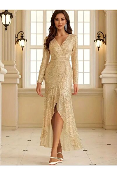 elissaa uzun koll kruvaze yaka pulpayetli abiye elbisesi