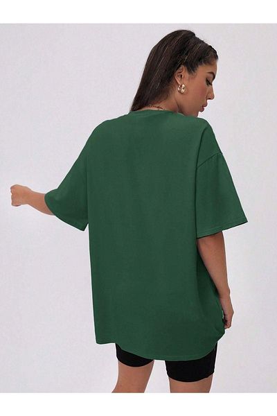 DUBU BUTİK Alphabet T-Shirt - Green Printed Oversize Crew Neck Short Sleeve