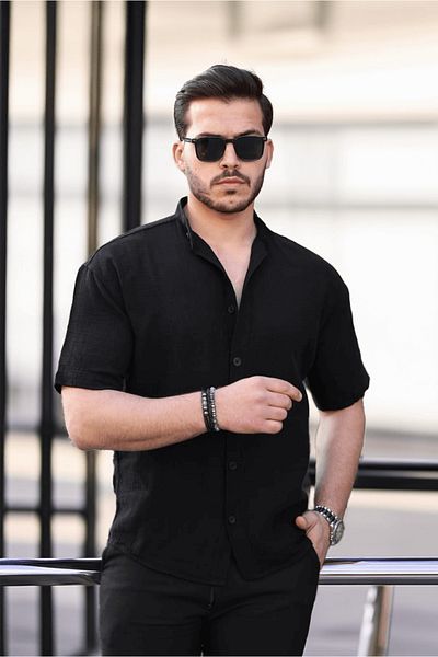 Valiberta Black Judge Collar Muslin Short Sleeve Shirt