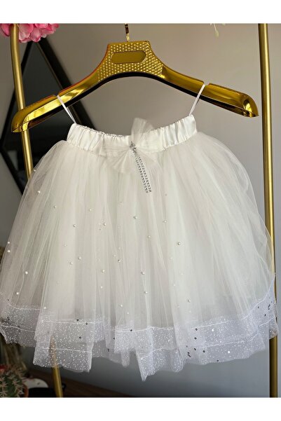 UrazTasarım Kız Çocuk Beyaz Yeni Dolgu Tül Tütü Etek,Kız Çocuk Taş Aksesuarlı...