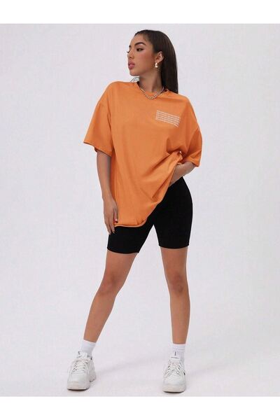 DUBU BUTİK Помаранчева футболка з надрукованим алфавітом - велосипедний комір, короткий рукав